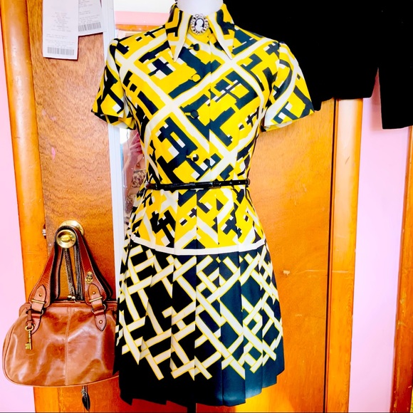 Vintage Dresses & Skirts - Vintage 1980s Geometric Pattern Yellow Black White Midi Dress Pleated Skirt